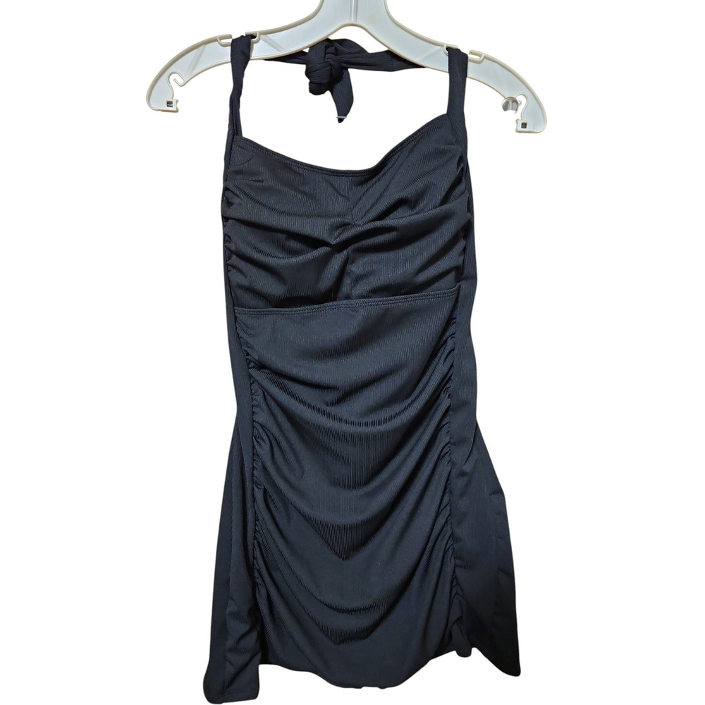 Black Ribbed Ruched Halter Swim Dress One Piece Swimsuit with Shelf Bra 0643